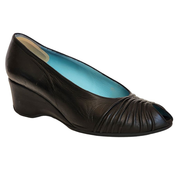 THIERRY RABOTIN Lena Black Leather Peep Toe Wedges Size 38 7.5